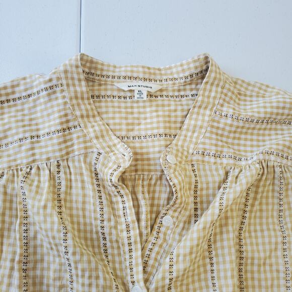Cottagecore Shirt Womens XL Yellow White Gingham Embroidered Peasant Boho Top - Picture 2 of 9
